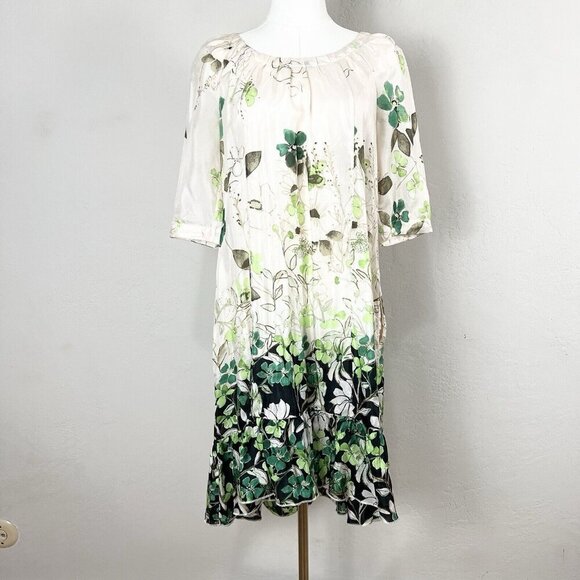 Anthropologie Vanessa Virginia Rainforest 100% Silk Dress Cream Floral Size XSP - Picture 1 of 16